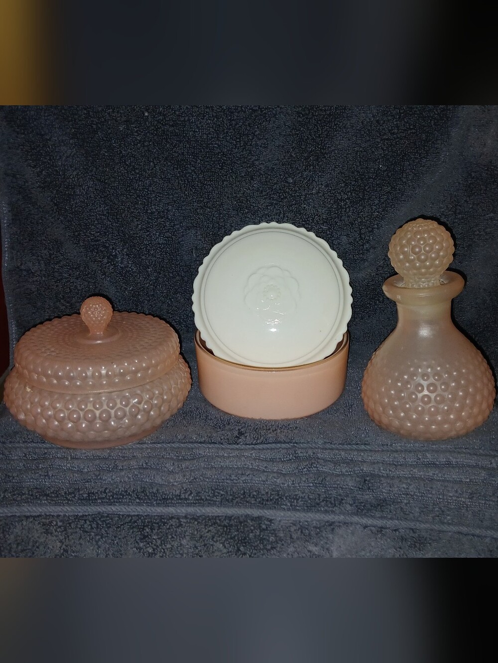 Peach/Pink Hobnail Glass Vanity Set - Covered Dish, Trinket Box & Perfume Bottle